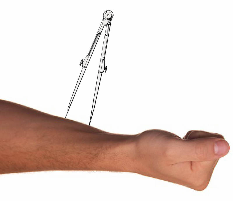 The tips of a drafting compass touch two places on an outsretched arm. The tips of a drafting compass touch two places on an outsretched arm.