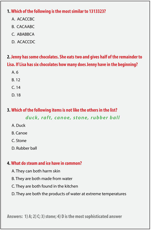 This text box present 4 items of the type that are found on common intelligence tests. They include items that require mathematical reasoning, making associations between unrelated words, and basic knowledge. This text box present 4 items of the type that are found on common intelligence tests. They include items that require mathematical reasoning, making associations between unrelated words, and basic knowledge.