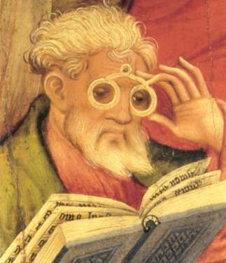 The "Glasses Apostle" painting in the altarpiece of the church of Bad Wildungen, Germany. Painted by Conrad von Soest in 1403, "Glasses Apostle" is considered the oldest depiction of eyeglasses north of the Alps. The "Glasses Apostle" painting in the altarpiece of the church of Bad Wildungen, Germany. Painted by Conrad von Soest in 1403, "Glasses Apostle" is considered the oldest depiction of eyeglasses north of the Alps.