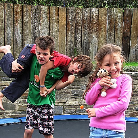 Two young boys wrestle in the yard as a girl stands by calmly holding a stuffed animal. Two young boys wrestle in the yard as a girl stands by calmly holding a stuffed animal.
