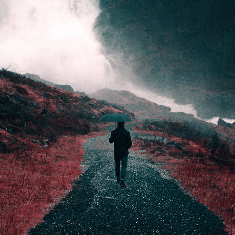A man with an umbrella walks down a path into the distance. A man with an umbrella walks down a path into the distance.