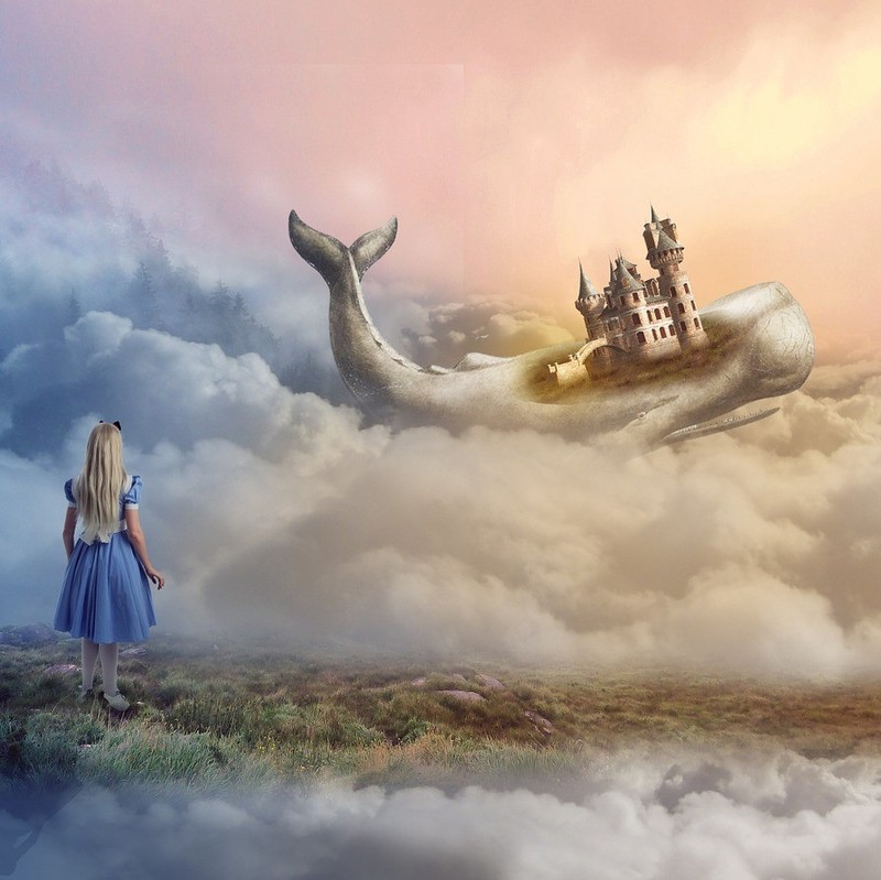 A painting of a dream scene - a girl looks into the clouds at a whale with a castle on its back. A painting of a dream scene - a girl looks into the clouds at a whale with a castle on its back.