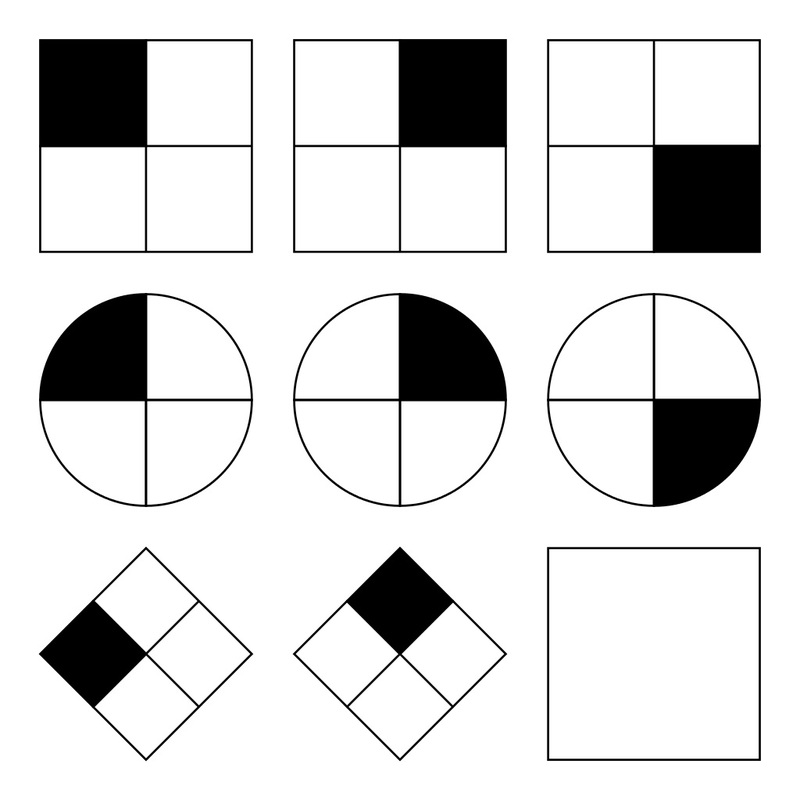 Typical 4x4 patterns used in the Raven's Matrices intelligence test. In each test item, the subject is asked to identify the missing element that completes a pattern. Typical 4x4 patterns used in the Raven's Matrices intelligence test. In each test item, the subject is asked to identify the missing element that completes a pattern.