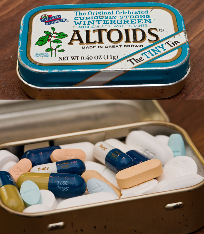 Prescription drugs are hidden in a breath mint tin. Prescription drugs are hidden in a breath mint tin.
