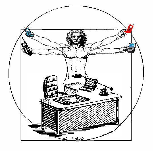 A version of Leonardo DaVinci's "Vetruvian Man" illustration. The vetruvian man is standing behind and office desk holding a mobile phone in each of his four hands. A version of Leonardo DaVinci's "Vetruvian Man" illustration. The vetruvian man is standing behind and office desk holding a mobile phone in each of his four hands.