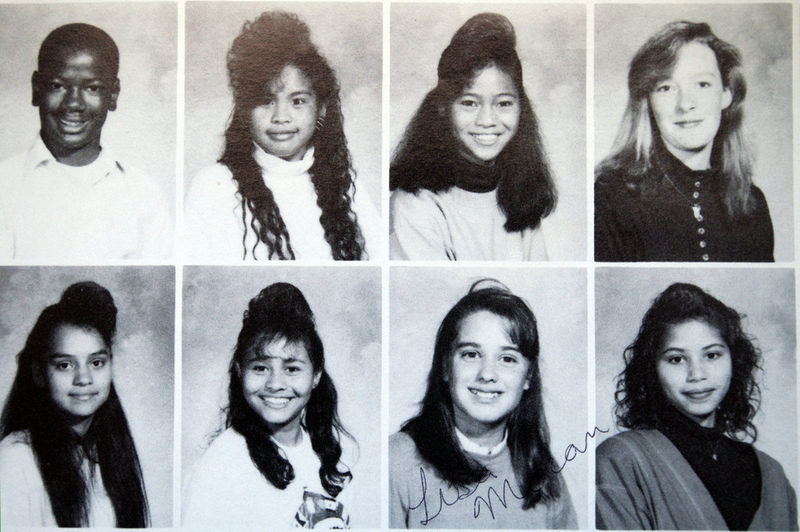 A high school yearbook shows a very similar hairstyle for nearly every young woman in the class. A high school yearbook shows a very similar hairstyle for nearly every young woman in the class.