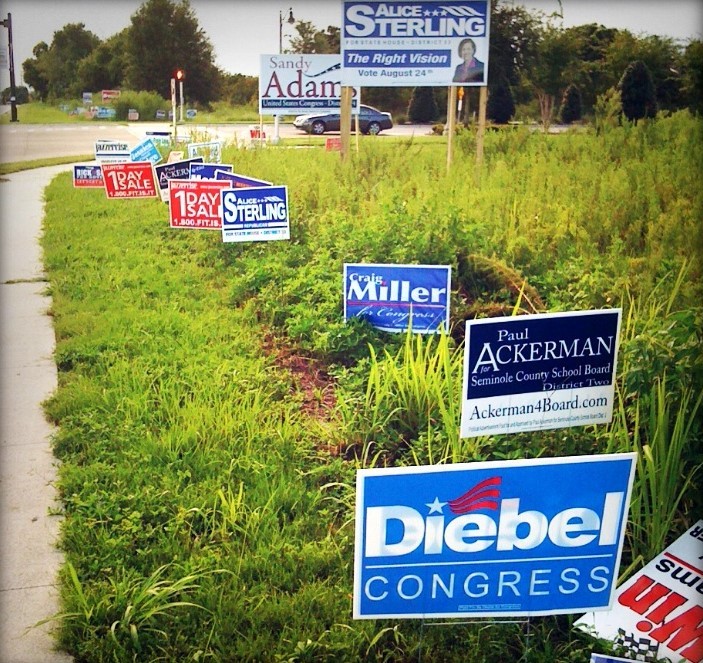 A field near a road is full of political campaign signs and advertisements for a "1 day sale". A field near a road is full of political campaign signs and advertisements for a "1 day sale".