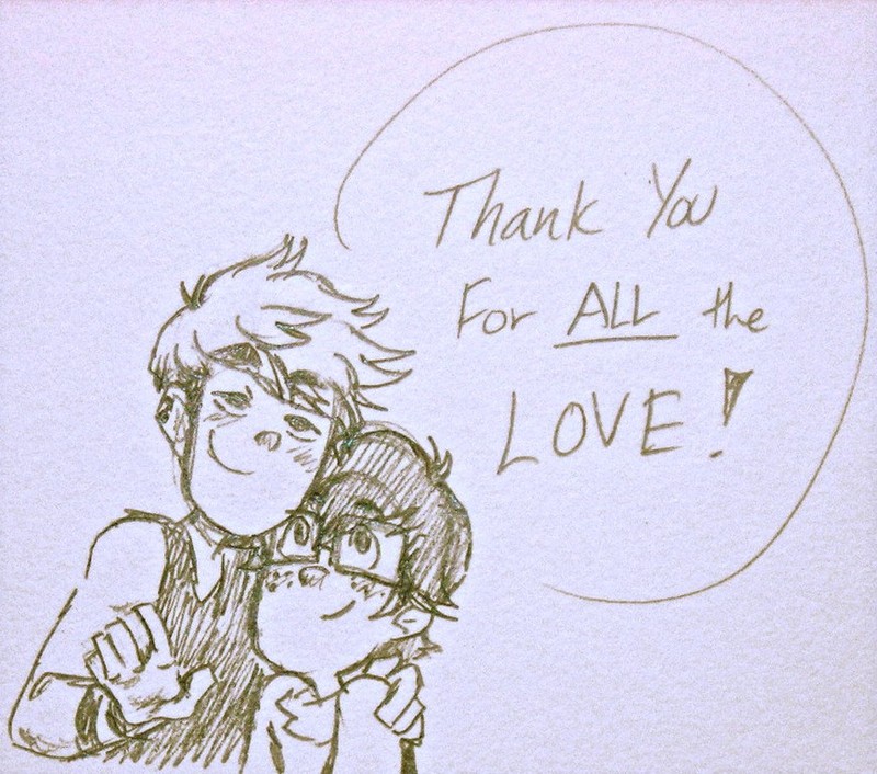 A hand-drawn thank you card depicting two friends embracing, with the caption, "Thank you for all the love." A hand-drawn thank you card depicting two friends embracing, with the caption, "Thank you for all the love."