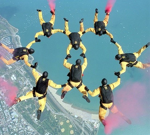 A group of formation skydivers holding hands in a circle during a free fall. A group of formation skydivers holding hands in a circle during a free fall.