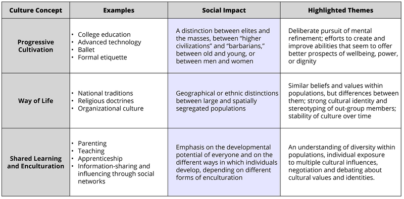 This table outlines 3 ways to view culture: as progressive cultivation, as a way of life, and as shared learning. Examples are given for each. These concepts are described in detail in the main text. This table outlines 3 ways to view culture: as progressive cultivation, as a way of life, and as shared learning. Examples are given for each. These concepts are described in detail in the main text.