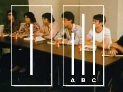Examples of the cards used in the Asch experiment. The card on the left has a single line. The card on the right has three lines labeled A, B, and C. The line labeled "C" matches the length of the single line on the other card. Line "A" is clearly shorter and line "B" is clearly longer. Examples of the cards used in the Asch experiment. The card on the left has a single line. The card on the right has three lines labeled A, B, and C. The line labeled "C" matches the length of the single line on the other card. Line "A" is clearly shorter and line "B" is clearly longer.