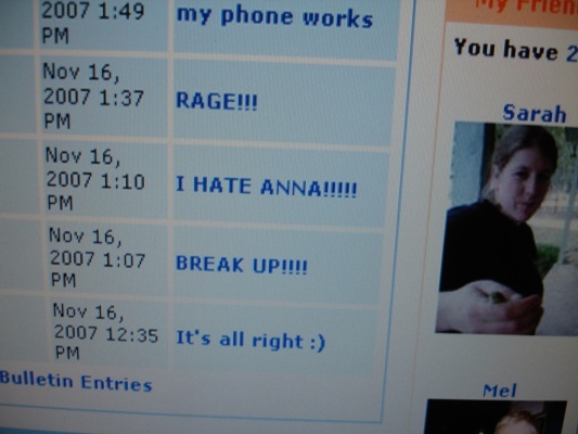 A computer screen displays a series of emotional social media posts with subject lines such as "Rage!!!", "I HATE ANNA!!!!!", and "It's all right : )". A computer screen displays a series of emotional social media posts with subject lines such as "Rage!!!", "I HATE ANNA!!!!!", and "It's all right : )".