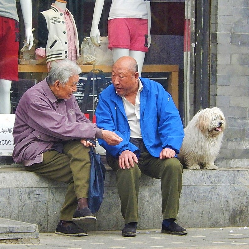 Two older men sit together in front of a shop having a conversation. Two older men sit together in front of a shop having a conversation.