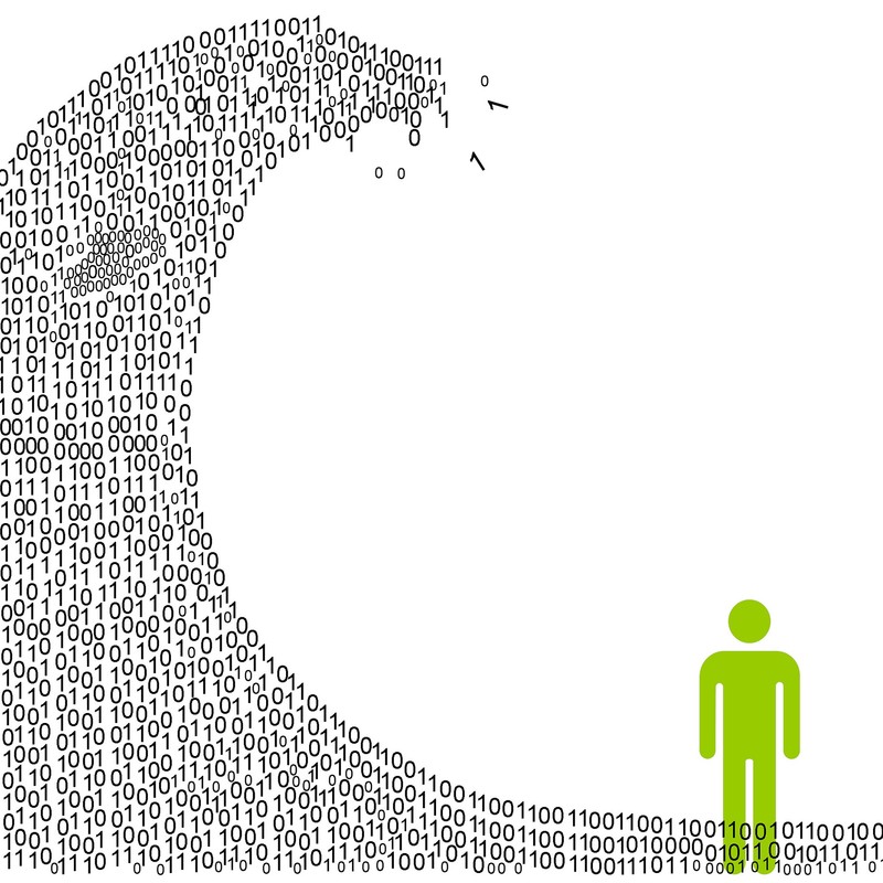 An illustration depicting a man with a digital information tidal wave of 1s and 0s about to break over his head. An illustration depicting a man with a digital information tidal wave of 1s and 0s about to break over his head.