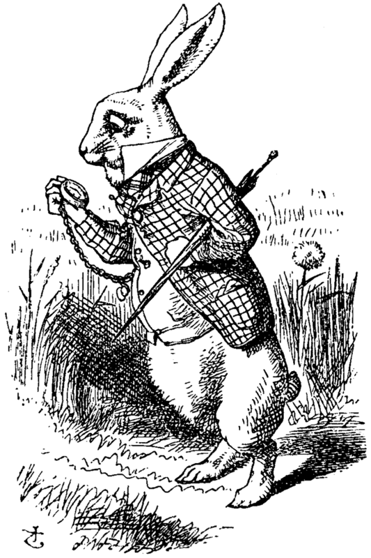 Illustration of the character of the White Rabbit from Lewis Carroll's story Alice's Adventures in Wonderland. The White Rabbit is perhaps best known for his fear of being late. Illustration of the character of the White Rabbit from Lewis Carroll's story Alice's Adventures in Wonderland. The White Rabbit is perhaps best known for his fear of being late.