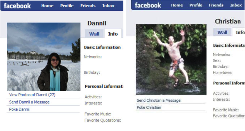 Two Facebook profiles. Danni is a Hong-Kong Chinese woman. Her profile photo shows her standing placidly in a snow covered field with the hint of a smile on her face. In contrast, is the Facebook profile of Christian. He is a European-American man. His profile photo shows him dressed only in shorts and sandals as he jumps into a lake. Christian is shouting and waving his arms as he jumps. Two Facebook profiles. Danni is a Hong-Kong Chinese woman. Her profile photo shows her standing placidly in a snow covered field with the hint of a smile on her face. In contrast, is the Facebook profile of Christian. He is a European-American man. His profile photo shows him dressed only in shorts and sandals as he jumps into a lake. Christian is shouting and waving his arms as he jumps.