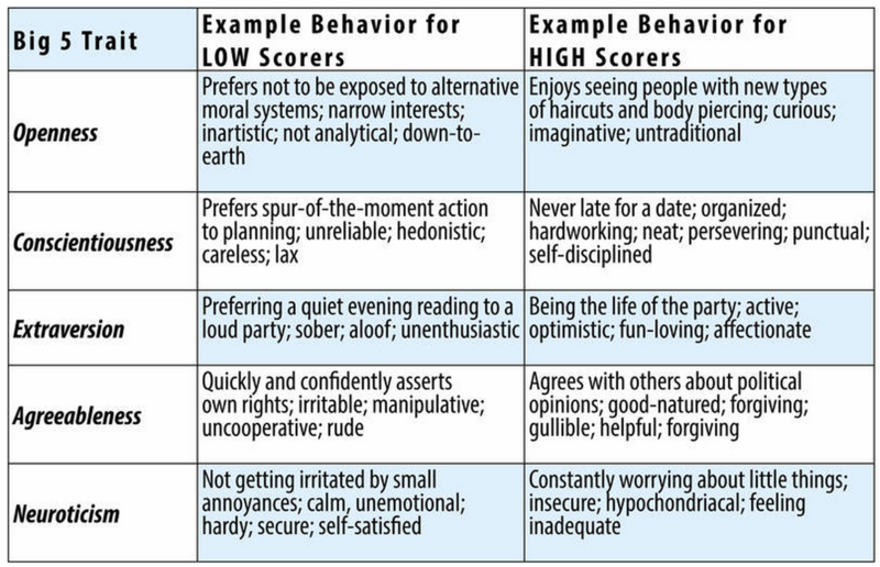 Example behavior for low scorers on Openness: Prefers not to be exposed to alternative moral systems; narrow interests; inartistic; not analytical; down-to-earth. Example behavior for high scorers on Openness: Enjoys seeing people with new types of haircuts and body piercing; curious; imaginative; untraditional. Example behavior for low scorers on Conscientiousness: Prefers spur of the moment action to planning; unreliable; hedonistic; careless; lax. Example behavior for high scorers on Conscientiousness: Never late for a date; organized; hardworking; neat; persevering; punctual; self-disciplined. Example behavior for low scorers on Extraversion: Preferring a quiet evening reading to a loud party; sober; aloof; unenthusiastic. Example behavior for high scorers on Extraversion: Being the life of the party; active; optimistic; fun-loving; affectionate. Example behavior for low scorers on Agreeableness: Quickly and confidently asserts own rights; irritable; manipulative; uncooperative; rude. Example behavior for high scorers on Agreeableness: Agrees with others about political opinions; good-natured; forgiving; gullible; helpful. Example behavior for low scorers on Neuroticism: Not getting irritated by small annoyances; calm, unemotional; hardy; secure; self-satisfied. Example behavior for high scorers on Neuroticism: Constantly worrying about little things; insecure; hypochondriacal; feeling inadequate. Example behavior for low scorers on Openness: Prefers not to be exposed to alternative moral systems; narrow interests; inartistic; not analytical; down-to-earth. Example behavior for high scorers on Openness: Enjoys seeing people with new types of haircuts and body piercing; curious; imaginative; untraditional. Example behavior for low scorers on Conscientiousness: Prefers spur of the moment action to planning; unreliable; hedonistic; careless; lax. Example behavior for high scorers on Conscientiousness: Never late for a date; organized; hardworking; neat; persevering; punctual; self-disciplined. Example behavior for low scorers on Extraversion: Preferring a quiet evening reading to a loud party; sober; aloof; unenthusiastic. Example behavior for high scorers on Extraversion: Being the life of the party; active; optimistic; fun-loving; affectionate. Example behavior for low scorers on Agreeableness: Quickly and confidently asserts own rights; irritable; manipulative; uncooperative; rude. Example behavior for high scorers on Agreeableness: Agrees with others about political opinions; good-natured; forgiving; gullible; helpful. Example behavior for low scorers on Neuroticism: Not getting irritated by small annoyances; calm, unemotional; hardy; secure; self-satisfied. Example behavior for high scorers on Neuroticism: Constantly worrying about little things; insecure; hypochondriacal; feeling inadequate.