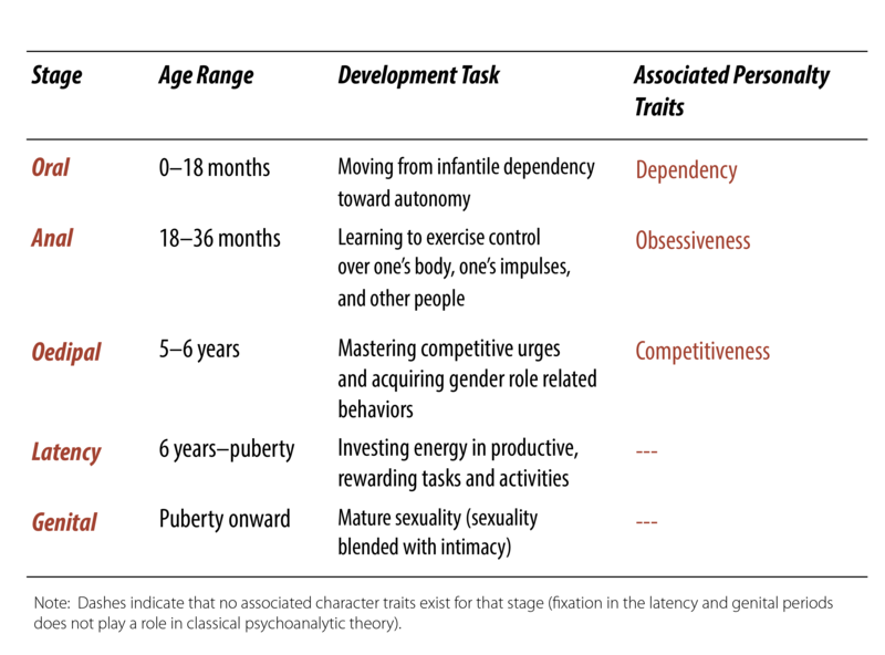 The psycho-sexual stage model. Between birth and 18 months is the oral stage, during which an infant moves from dependency toward increasing autonomy. From 18-36 months is the anal stage, during which the child acquires social and self control. From ages 5-6 is the oedipal stage, during which the child develops gender identity. From 6 years to puberty is the latency stage, during which the child invests in rewarding tasks and activities. From puberty onward is the genital stage with mature relationships including sex and intimacy. The psycho-sexual stage model. Between birth and 18 months is the oral stage, during which an infant moves from dependency toward increasing autonomy. From 18-36 months is the anal stage, during which the child acquires social and self control. From ages 5-6 is the oedipal stage, during which the child develops gender identity. From 6 years to puberty is the latency stage, during which the child invests in rewarding tasks and activities. From puberty onward is the genital stage with mature relationships including sex and intimacy.
